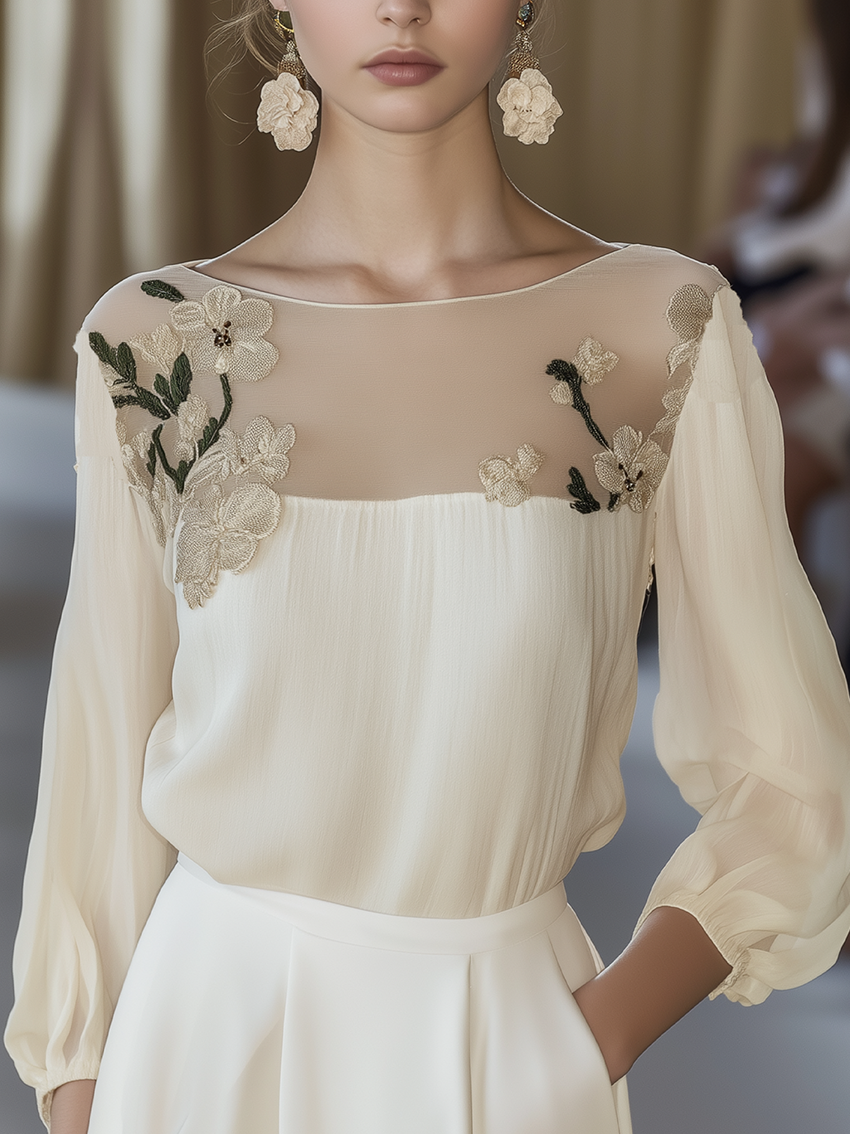 Damskjorta Beige Mesh Yoke Blommig Broderi Normal Passform