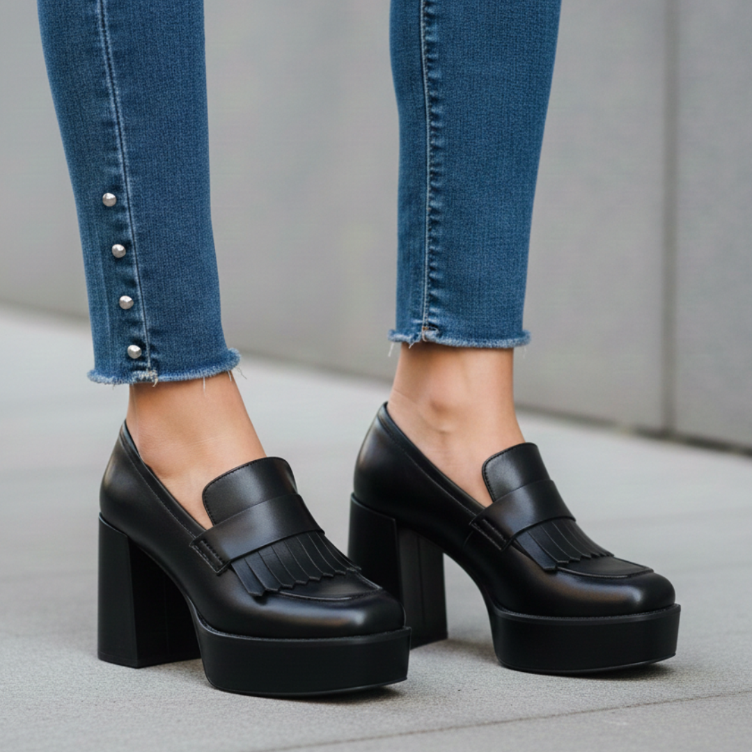 Kvinnors platåloafers med pumps, slip-on, chunky klack och främre platå