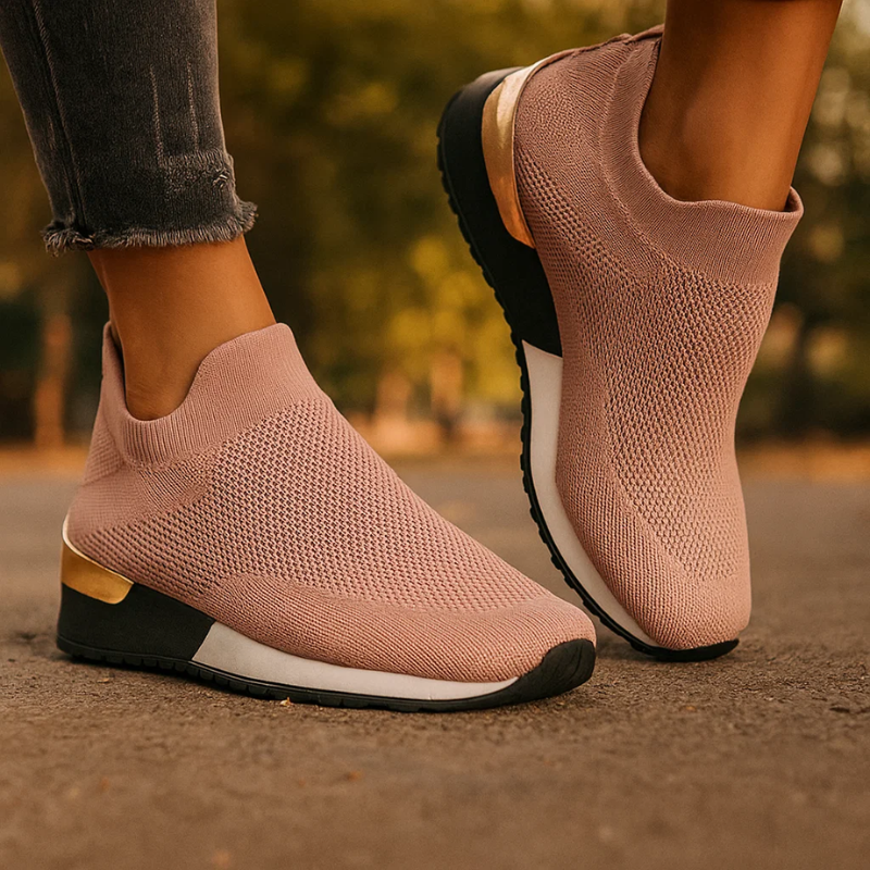 Slip-On Sneakers för Dam med Andningsbart Mesh och Metallisk Häl