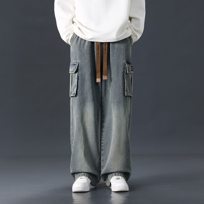 Höstjeans med vida ben, rak passform, löst draperande, tonade tvättade jeans, medelhög midja, mikroelastiska