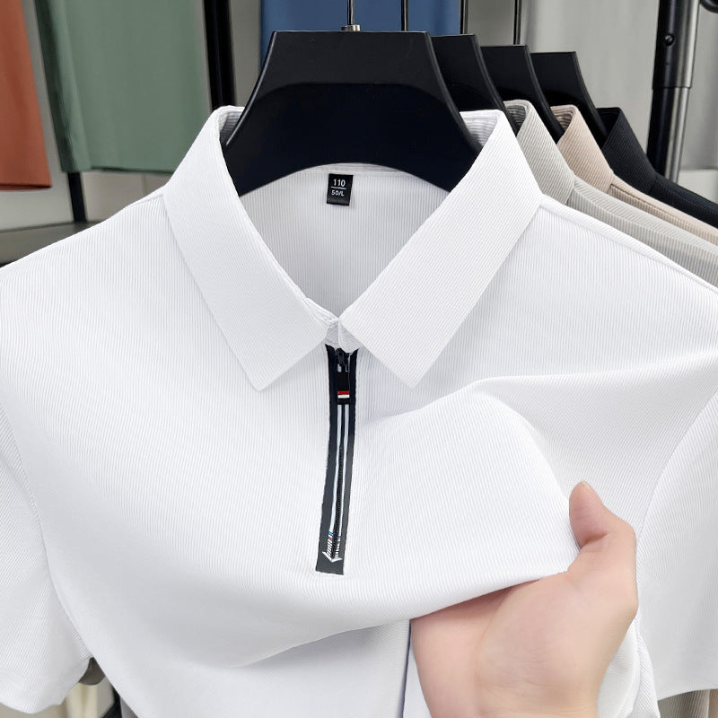 Herr Sommar Issiden Halv Dragkedja Kortärmad Slim Fit Business Poloshirt Stretchig Enfärgad Färg