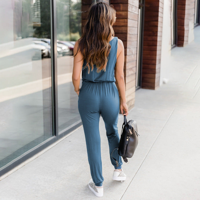 Ärmlös Jumpsuit För Kvinnor Med Resår I Midjan Och Full Längd