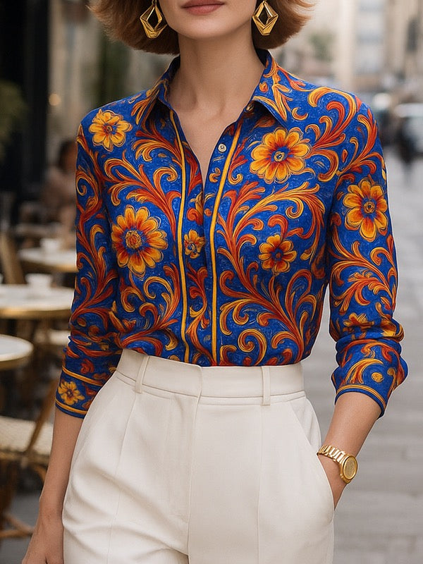 Damblus Med Blommönster, Krage Och Knappstängning
