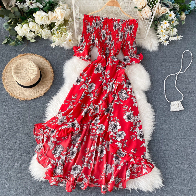 Kvinnors Sommarklänning Med Off-Shoulder-Motiv Och Kortärmad Volang