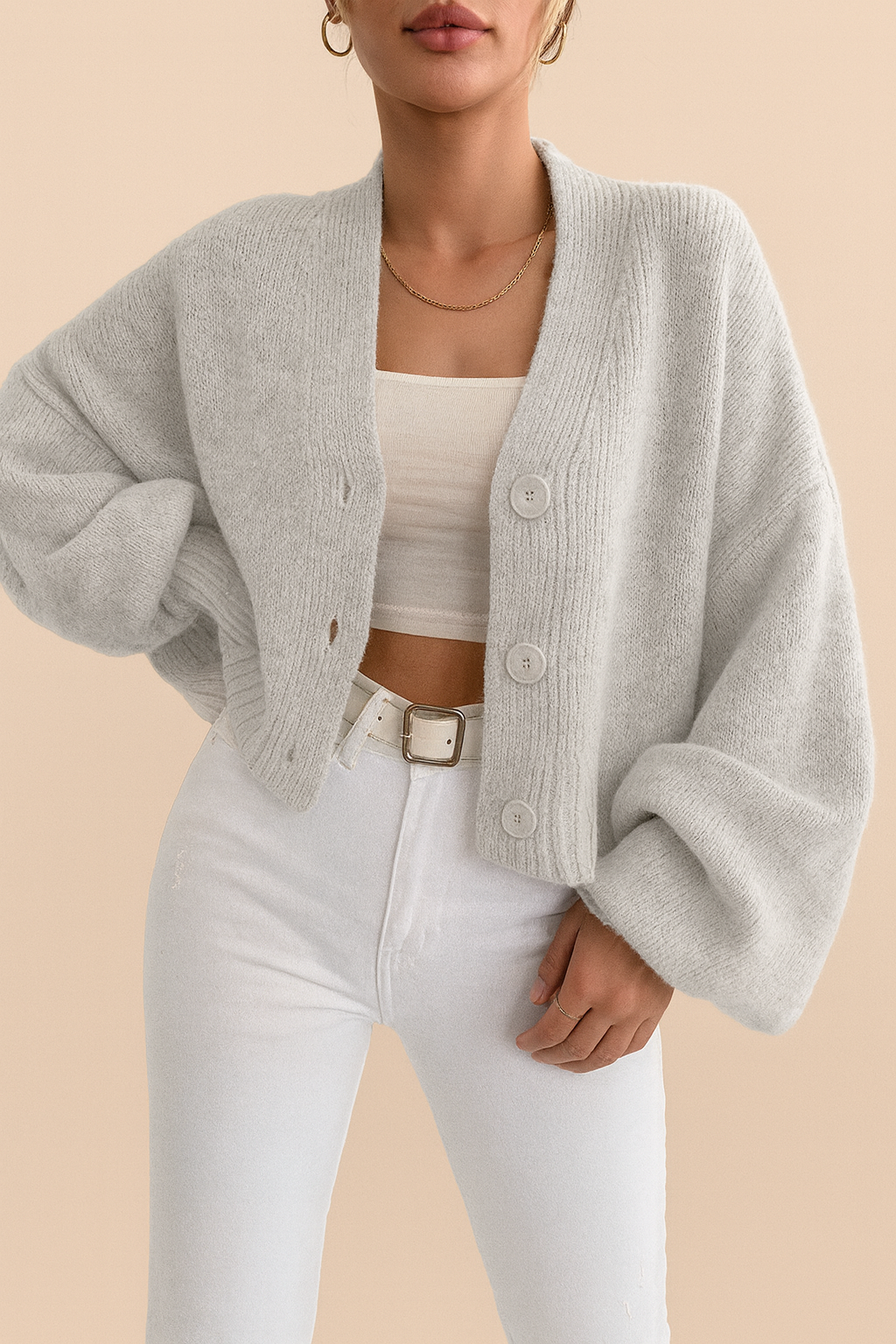 Kvinnor Stickad Kort Kofta för Hösten med Puffärmar och V-ringning