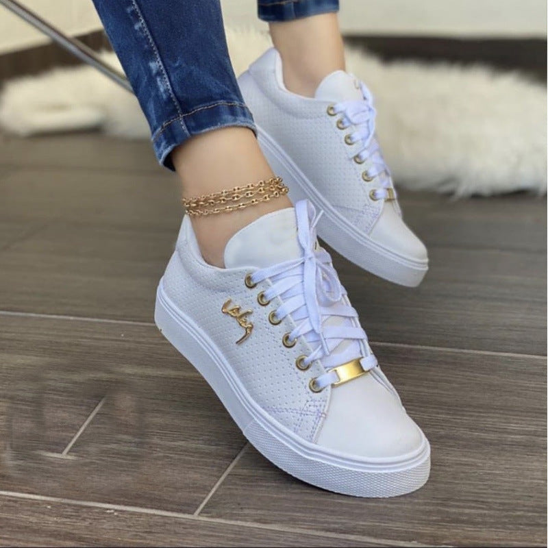 Platta Sneakers Med Snörning För Kvinnor, Andningsbara, Rund Tå, Låg Pu-Sula