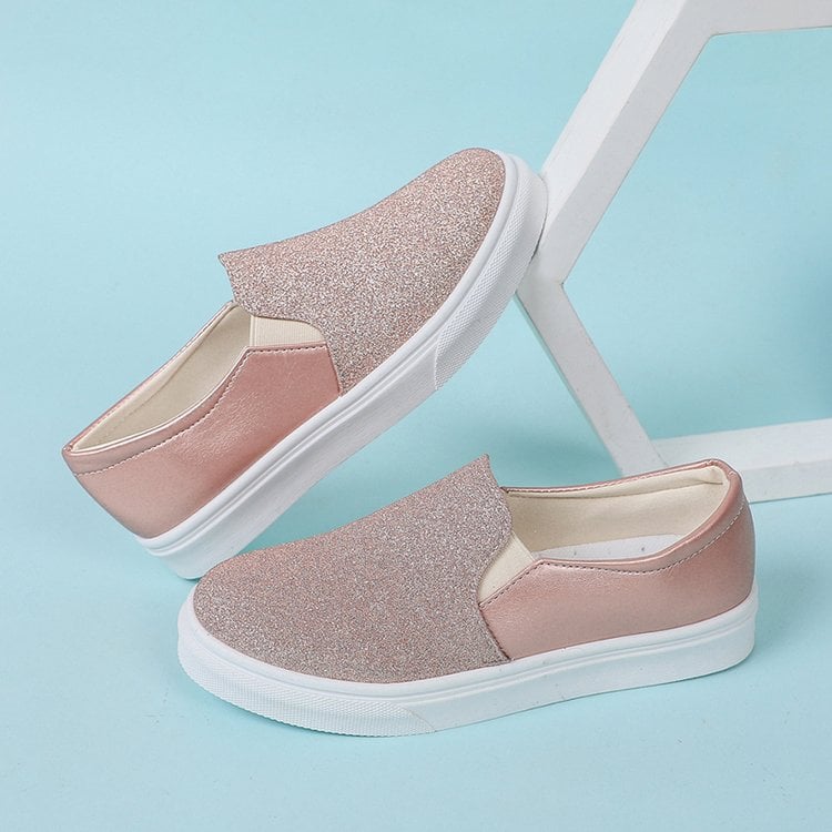 Rund Tå Med Paljettdetaljer För Kvinnor, Loafers Med Resårband Och Platt Gummisula