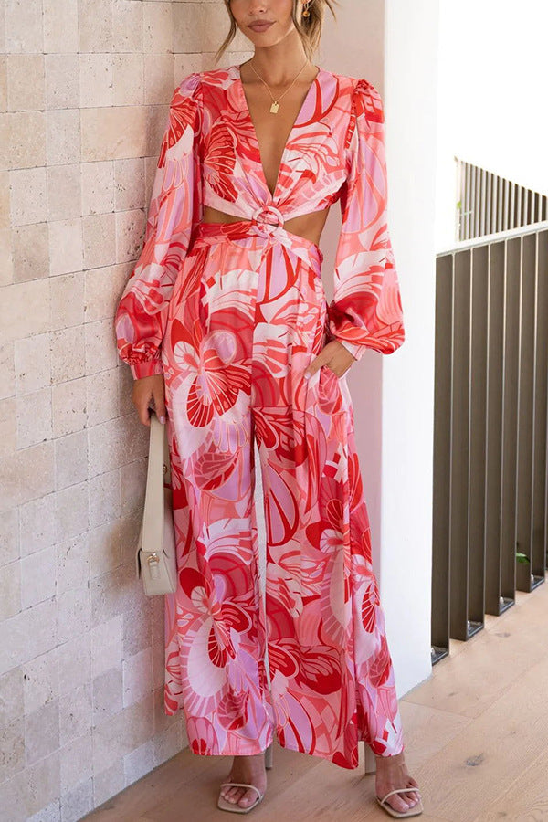 Jumpsuit För Kvinnor, Rygglös, Blommigt Tryck, Långärmad, Hög Midja, Raka Ben