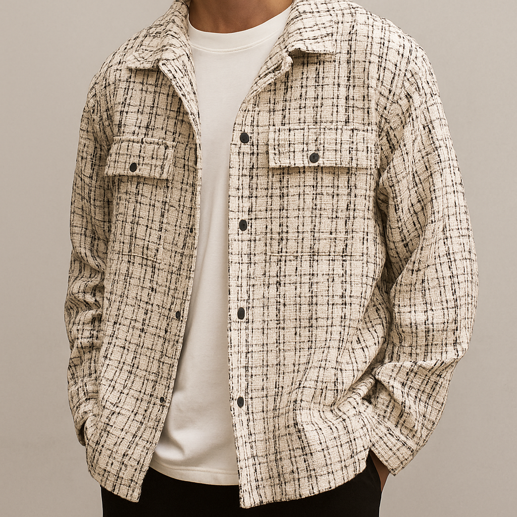 Herrskjortjacka i Tweed med Rutnätsmönster och Texturerad Väv