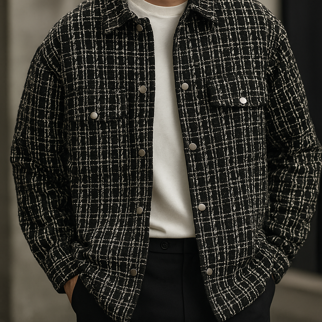 Herrskjortjacka i Tweed med Rutnätsmönster och Texturerad Väv