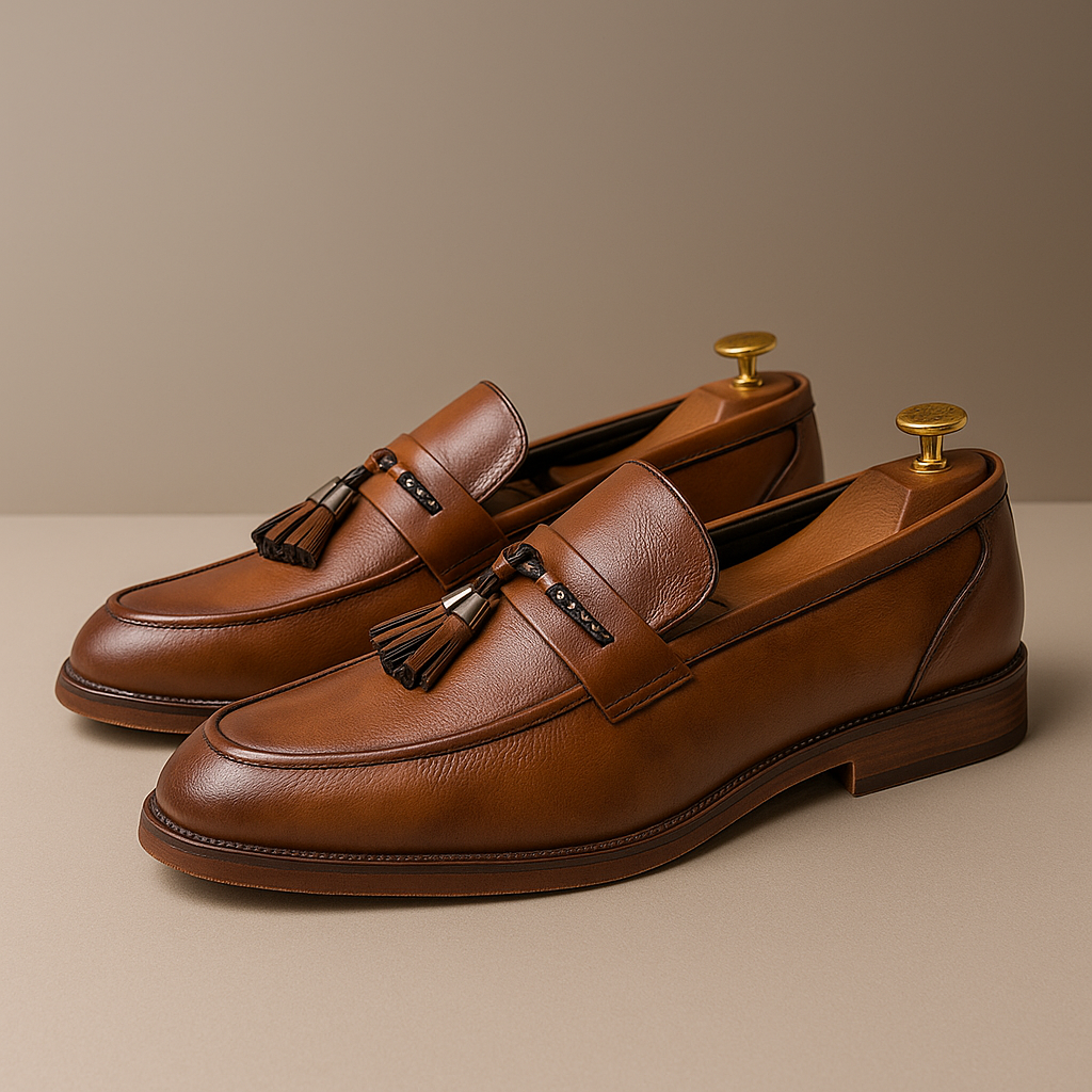 Loafers För Herr Med Brunerad Överdel, Flätad Rem Och Handsydd Sula