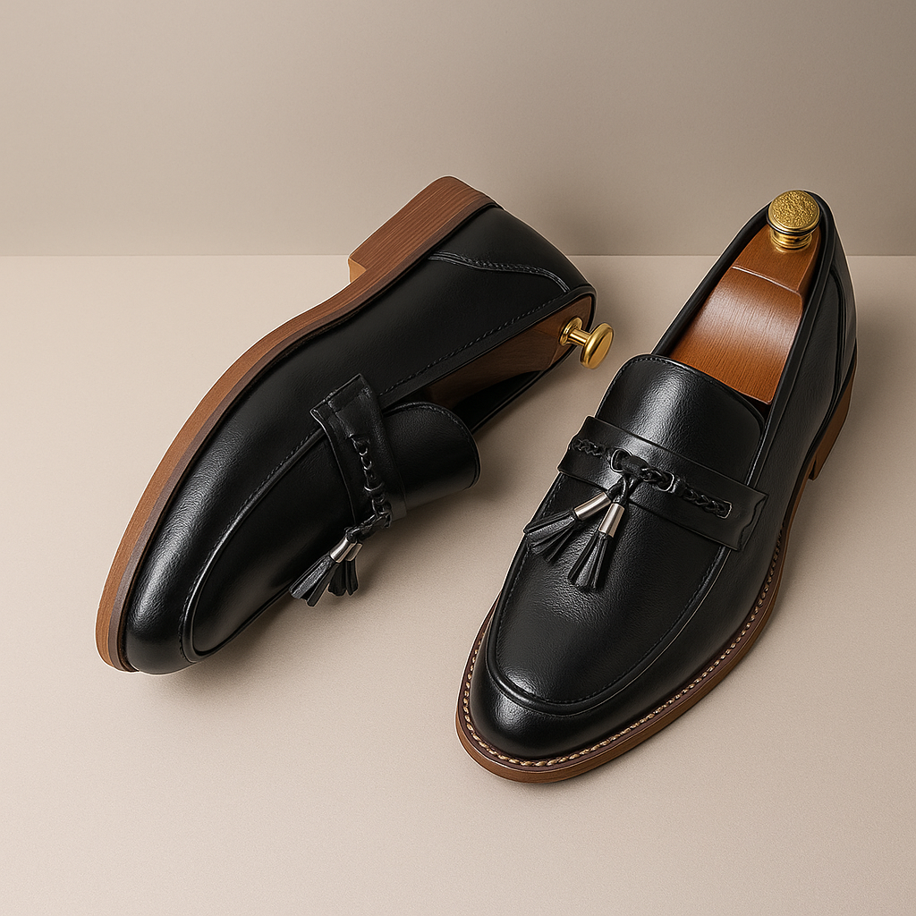 Loafers För Herr Med Brunerad Överdel, Flätad Rem Och Handsydd Sula