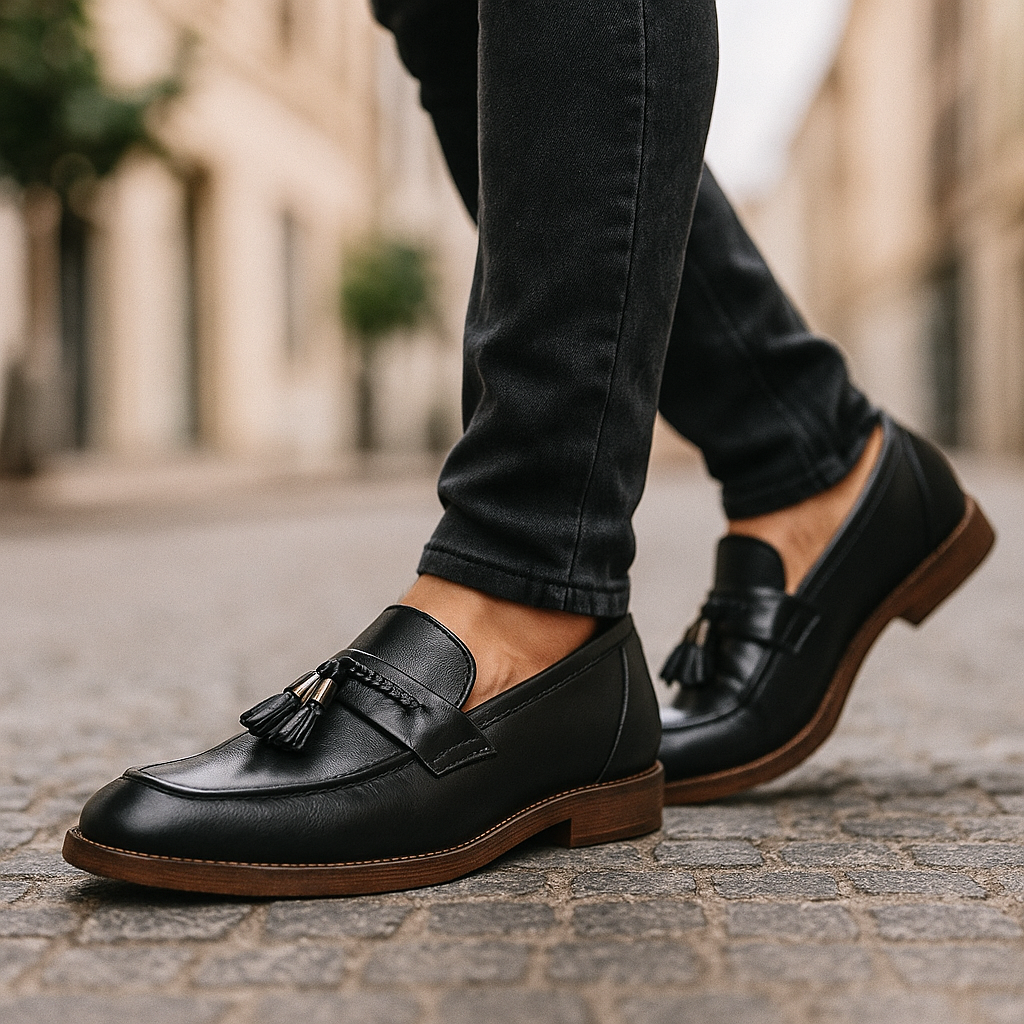 Loafers För Herr Med Brunerad Överdel, Flätad Rem Och Handsydd Sula