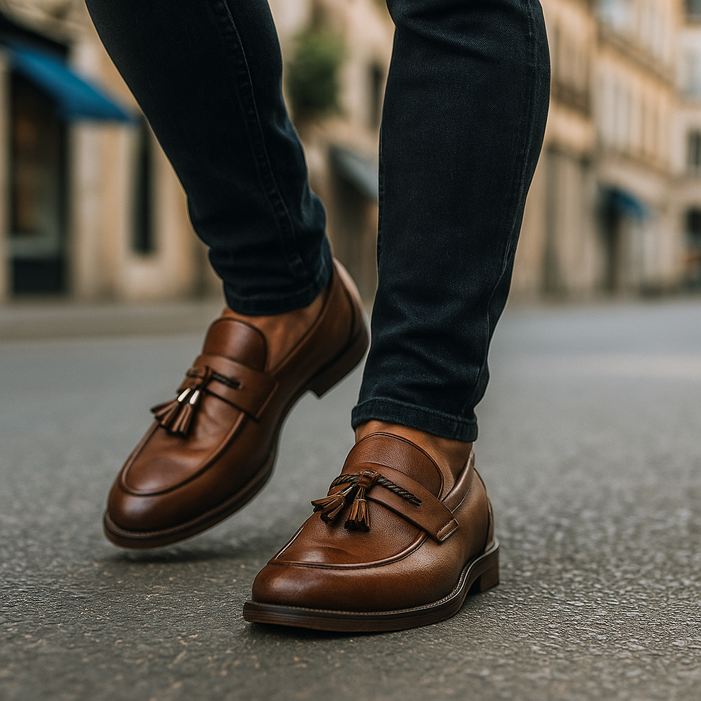 Loafers För Herr Med Brunerad Överdel, Flätad Rem Och Handsydd Sula