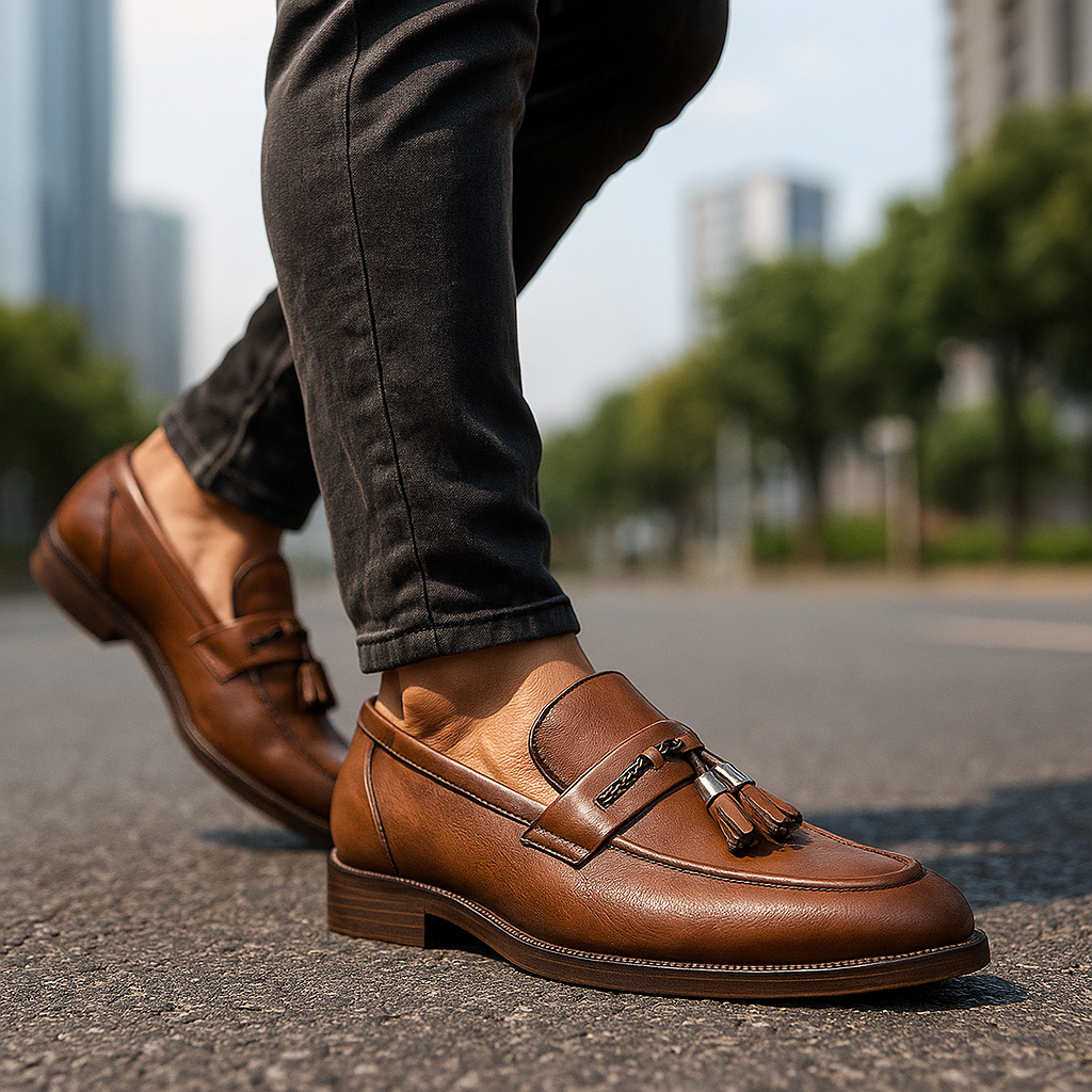 Loafers För Herr Med Brunerad Överdel, Flätad Rem Och Handsydd Sula