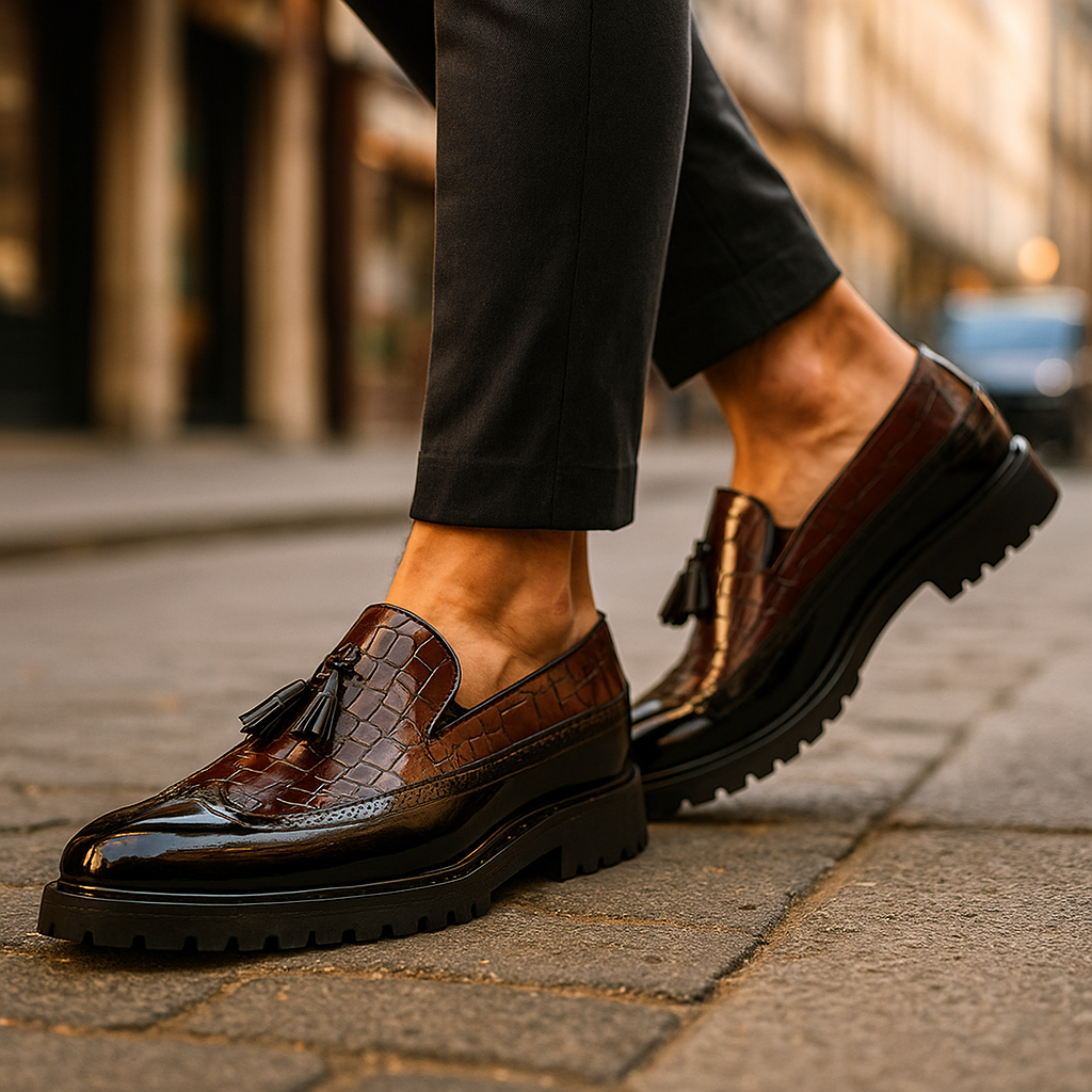 Loafers för Herr med Krokodilmönstrad Ovandel, Tasslar och Handsydd Konstruktion