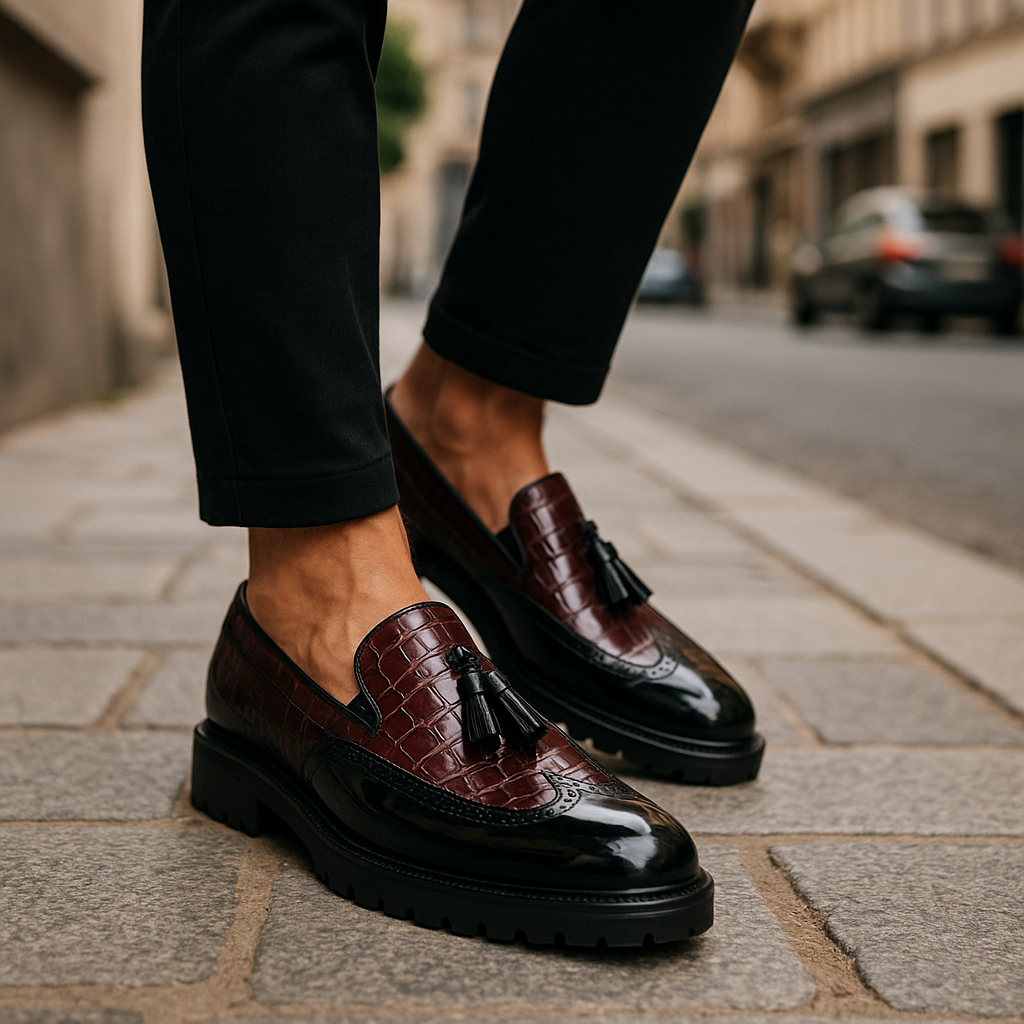 Loafers för Herr med Krokodilmönstrad Ovandel, Tasslar och Handsydd Konstruktion
