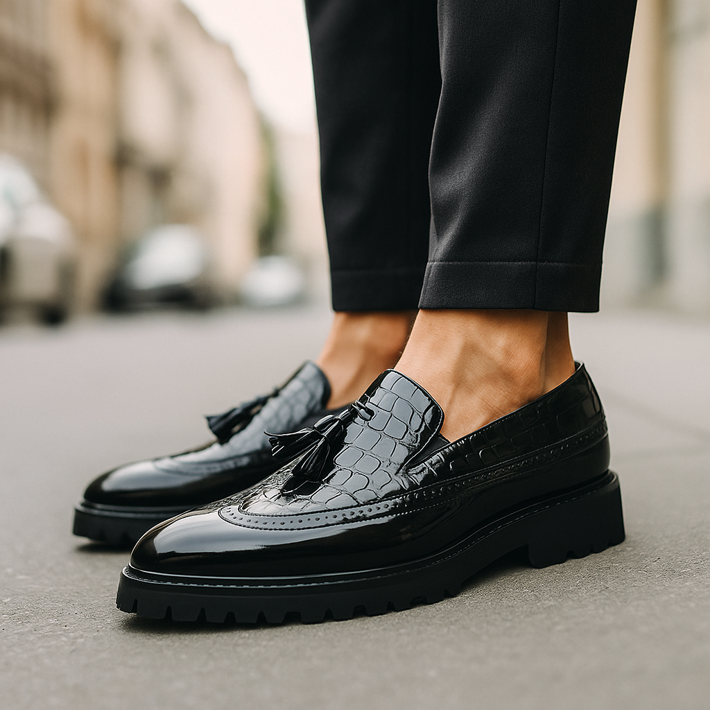 Loafers för Herr med Krokodilmönstrad Ovandel, Tasslar och Handsydd Konstruktion
