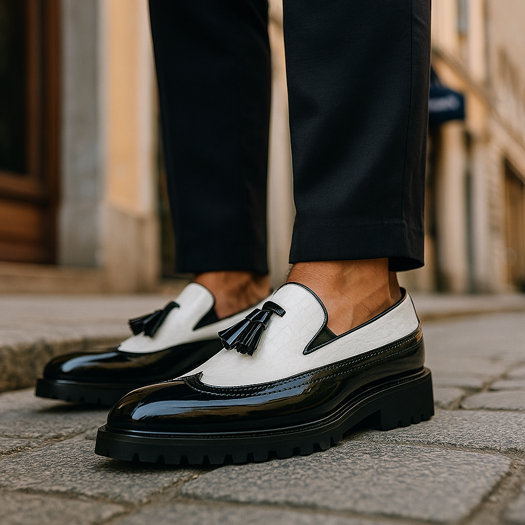 Loafers för Herr med Krokodilmönstrad Ovandel, Tasslar och Handsydd Konstruktion