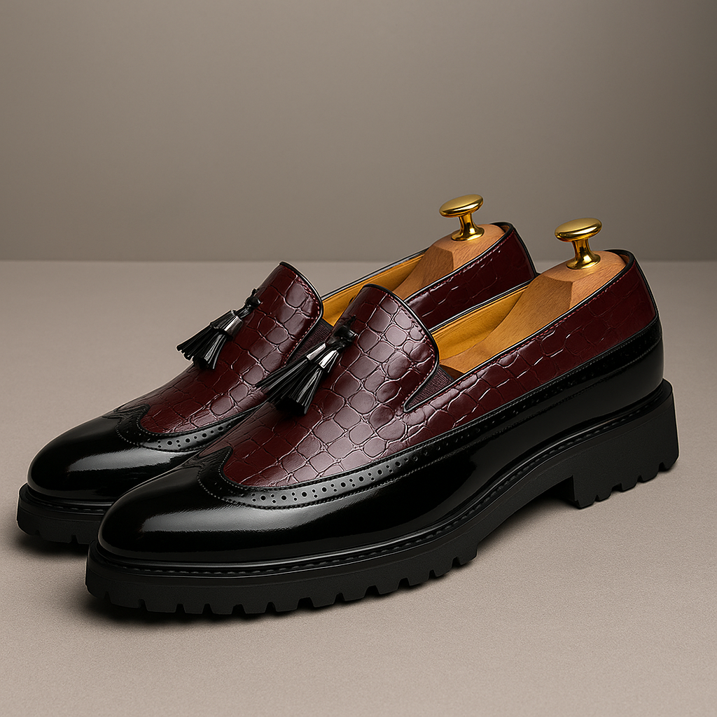 Loafers för Herr med Krokodilmönstrad Ovandel, Tasslar och Handsydd Konstruktion