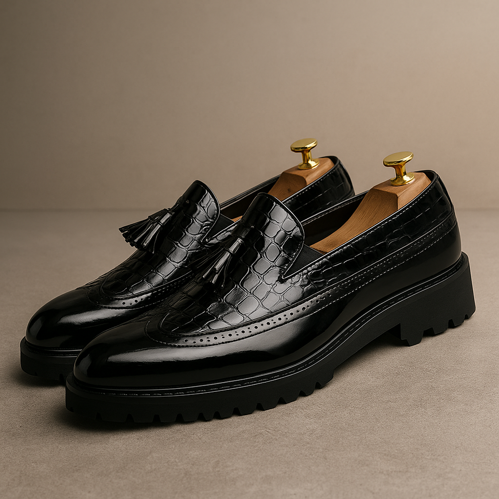 Loafers för Herr med Krokodilmönstrad Ovandel, Tasslar och Handsydd Konstruktion