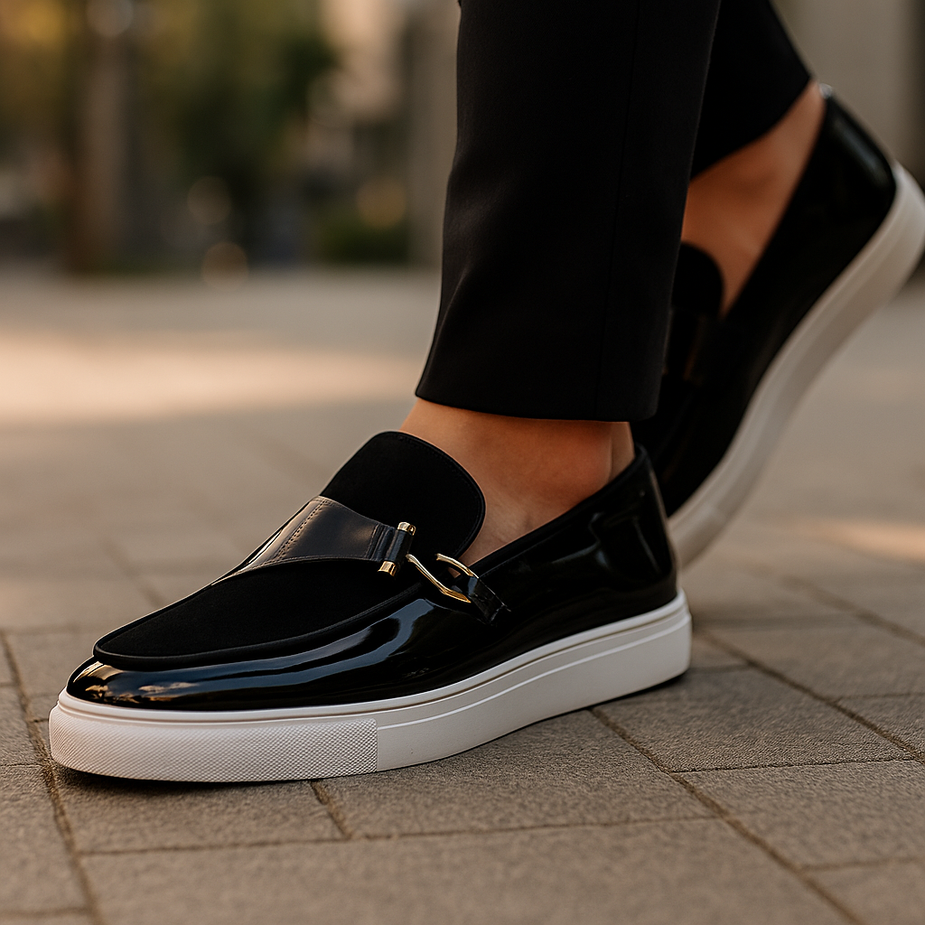 Herrloafers med Dubbla Texturer Glansig Konstmocka Slip-On Guldspänne