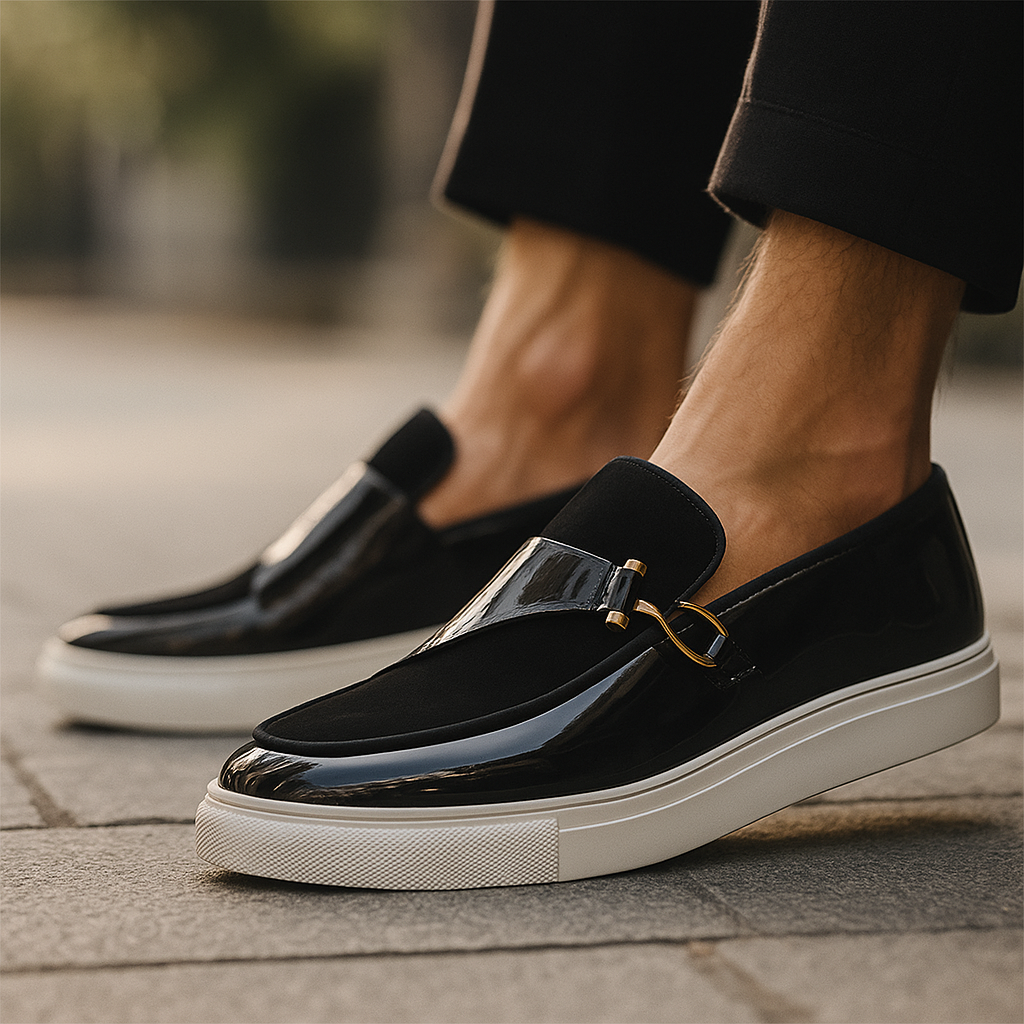 Herrloafers med Dubbla Texturer Glansig Konstmocka Slip-On Guldspänne
