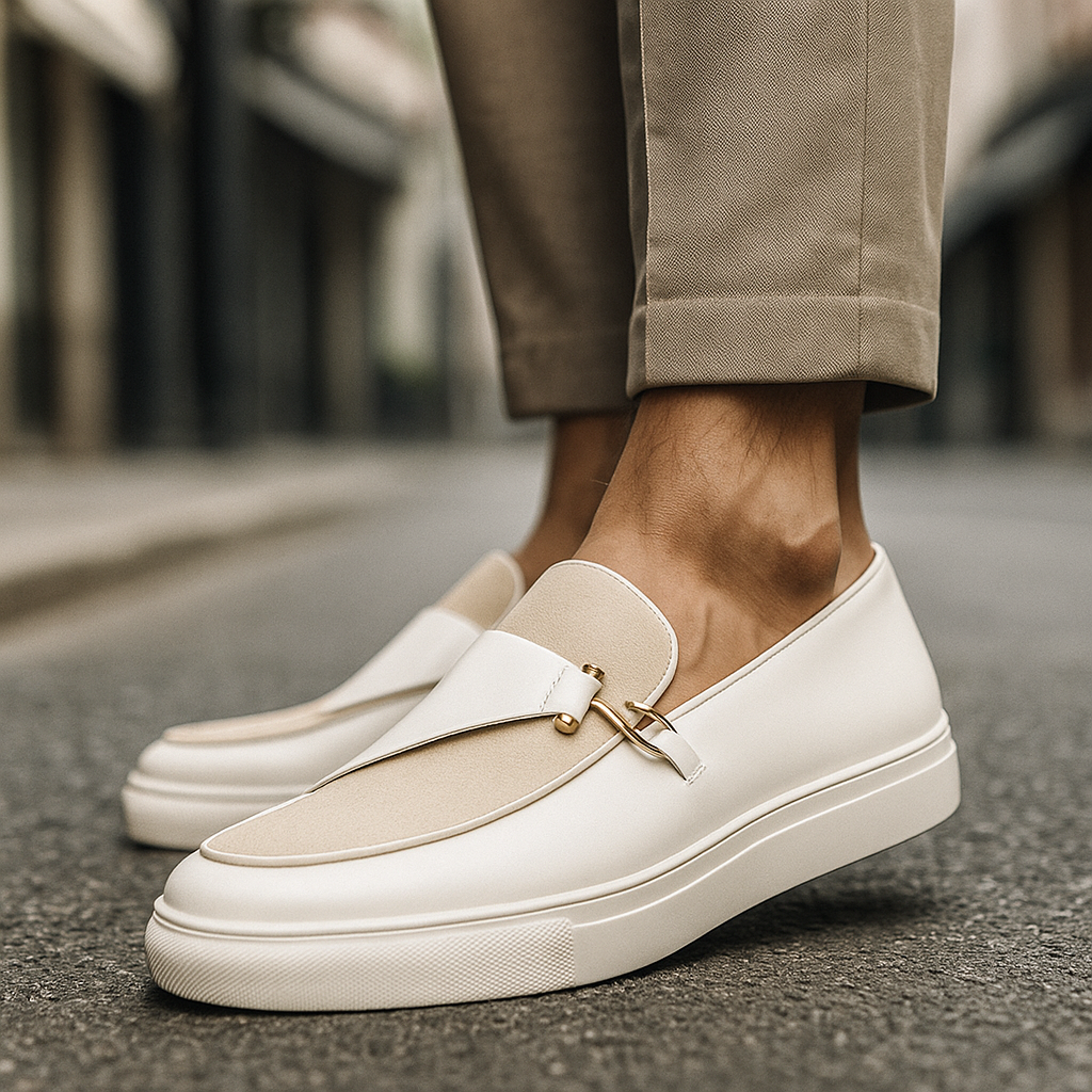 Herrloafers med Dubbla Texturer Glansig Konstmocka Slip-On Guldspänne