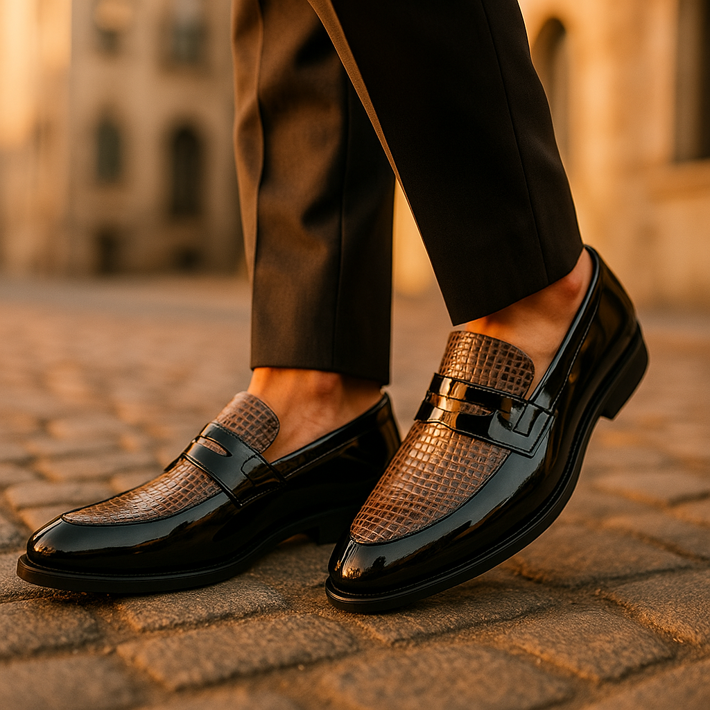 Herrloafers Lackfinish Krokodilpräglad Strukturerad Passform