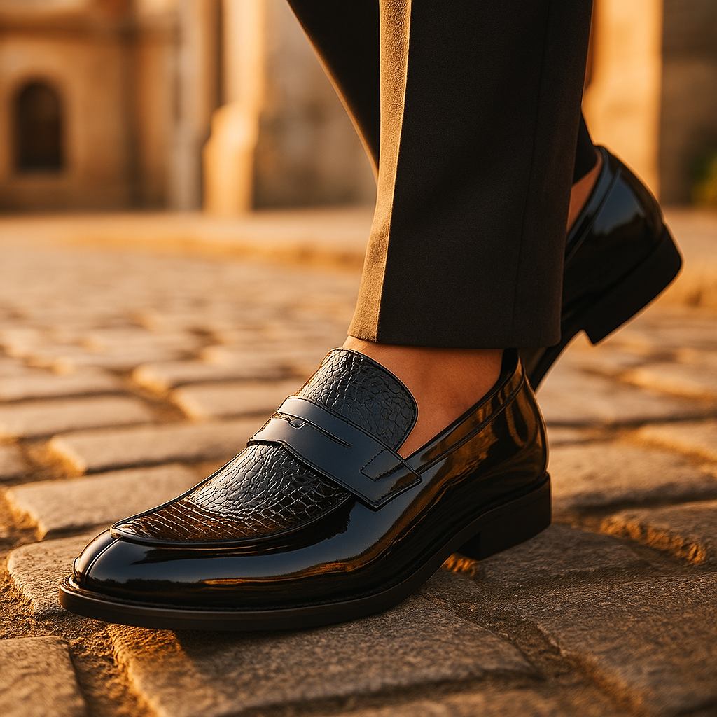 Herrloafers Lackfinish Krokodilpräglad Strukturerad Passform