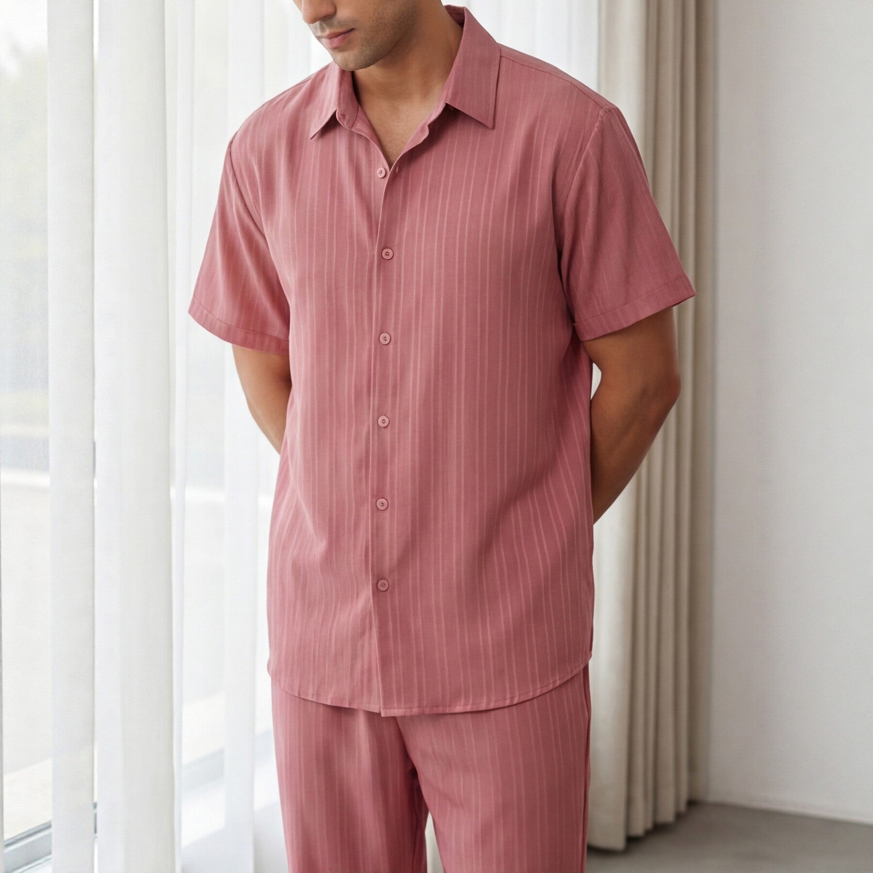 Herr Kortärmat Randigt Loungewear Set Långa Byxor Skjorta Med Knappar Lätt Tvådelad Outfit