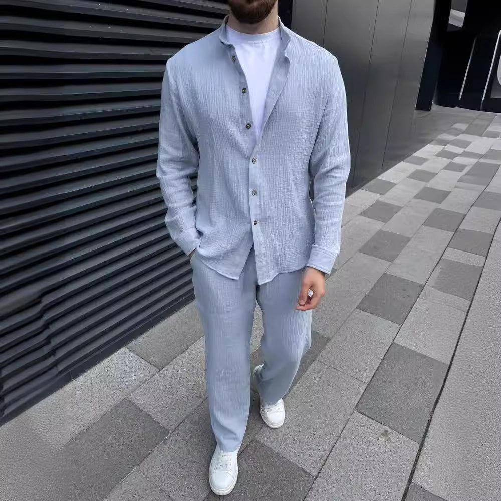 Herr Långärmad Tvådelat Set Skjorta Beskurna Byxor Enfärgad Färg Multifärgad Lättvikt Matchande Outfit