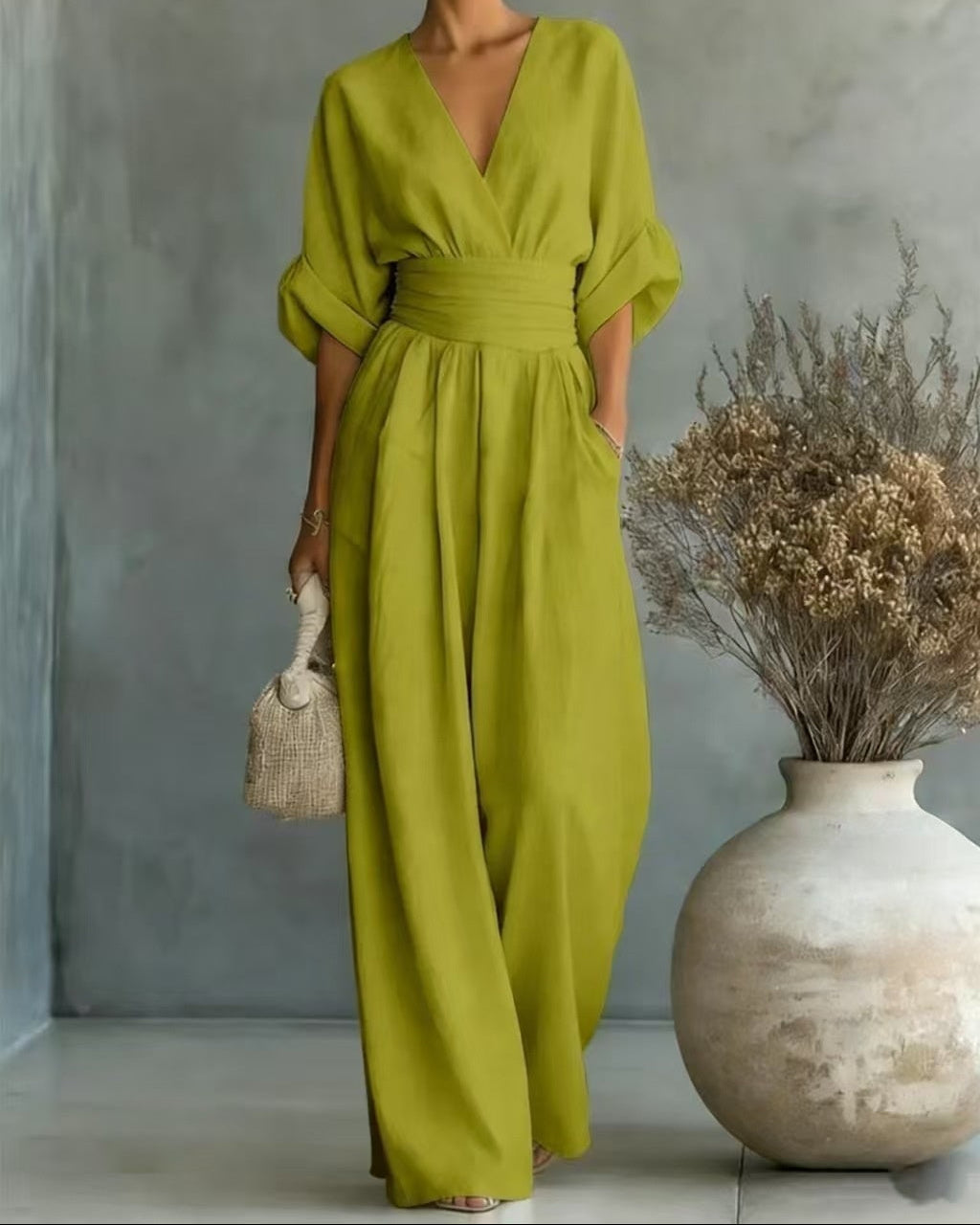 Damjumpsuit V-Ringad Hög Midja Full Längd Slim Fit