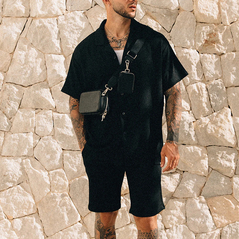 Sommarset med korta ärmar och tryckt t-shirtshorts för män, streetstyle, polyesterfiber, lättviktskläder