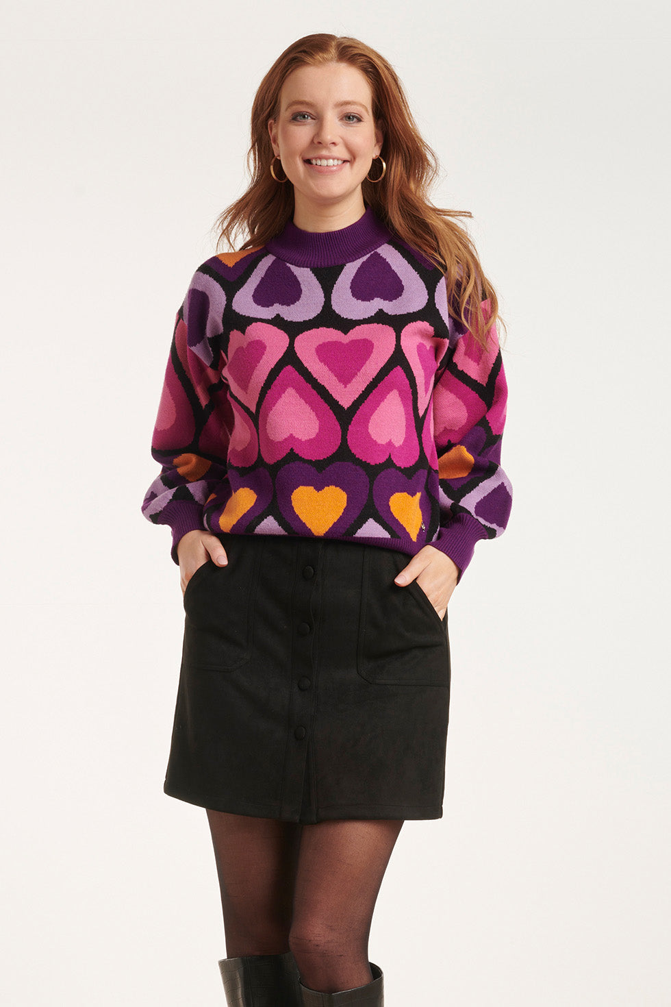 Dam Stickad Topp Oversized med Hjärttryck och Ribbad Hög Hals