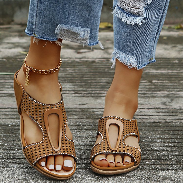 Dam Sommar Fiskmun Platta Sandaler Strass Ihåliga Slip-On