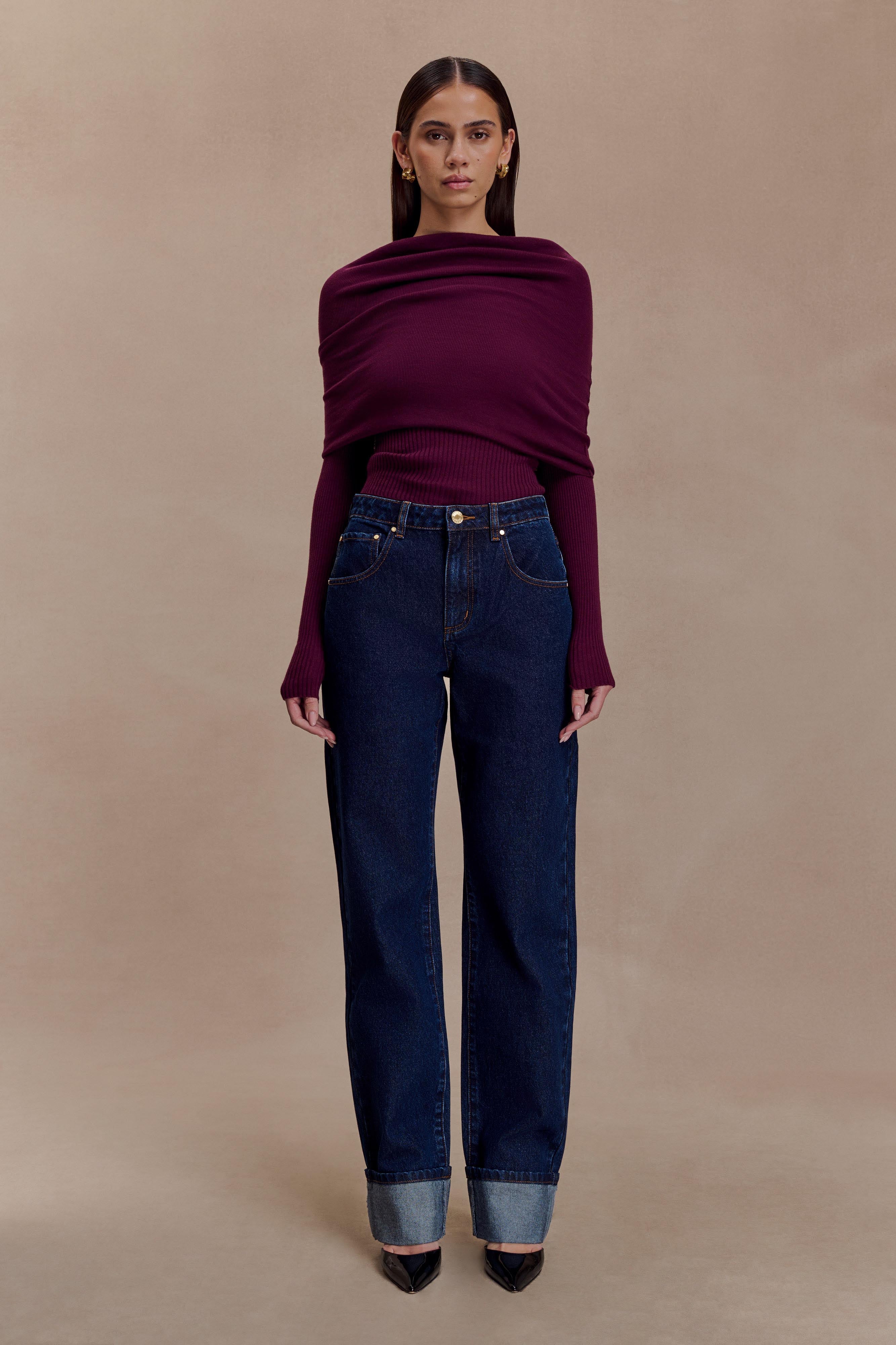 Kvinnor Långärmad Stickad Topp Asymmetrisk Off-Shoulder Vikkant Bordeaux