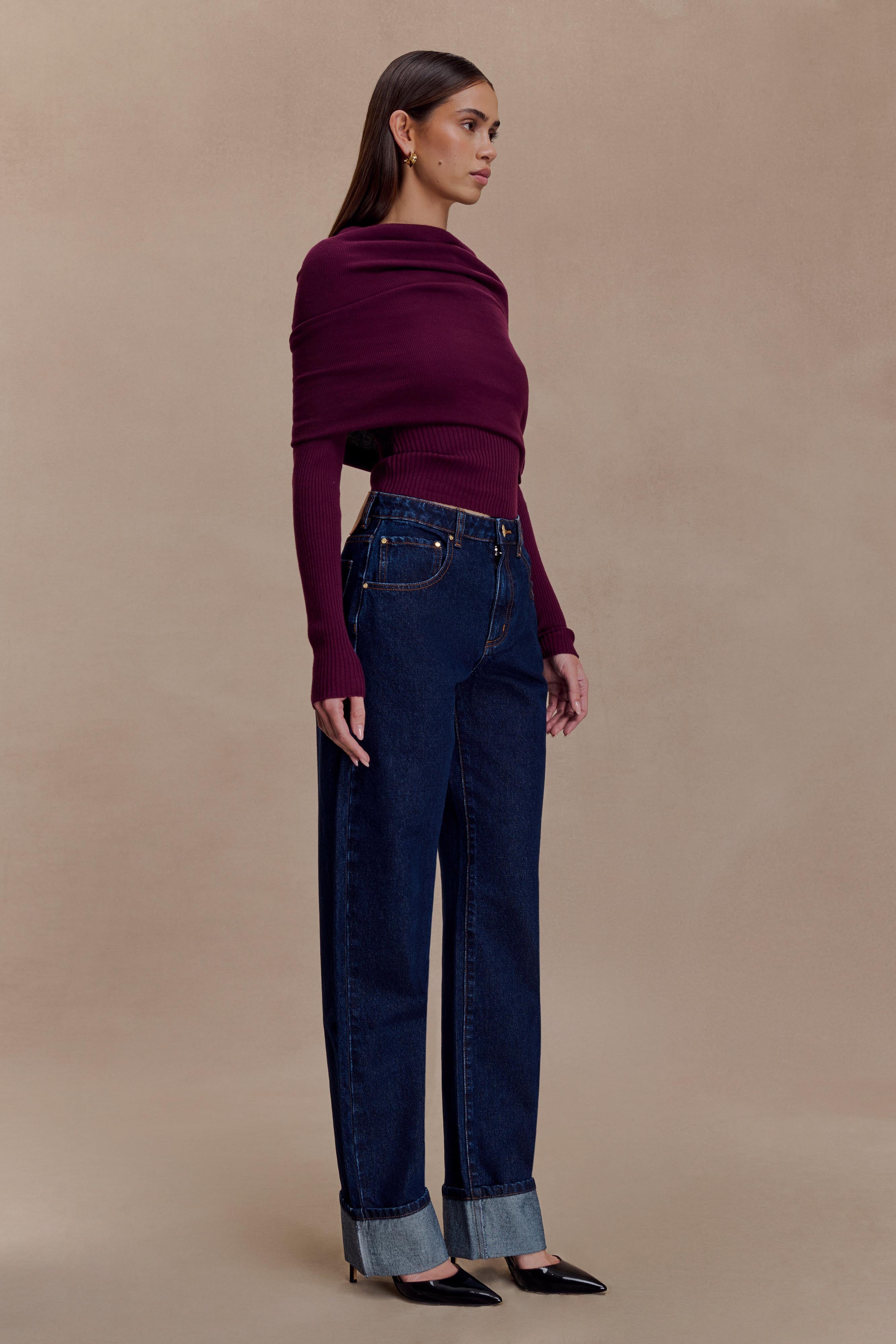 Kvinnor Långärmad Stickad Topp Asymmetrisk Off-Shoulder Vikkant Bordeaux
