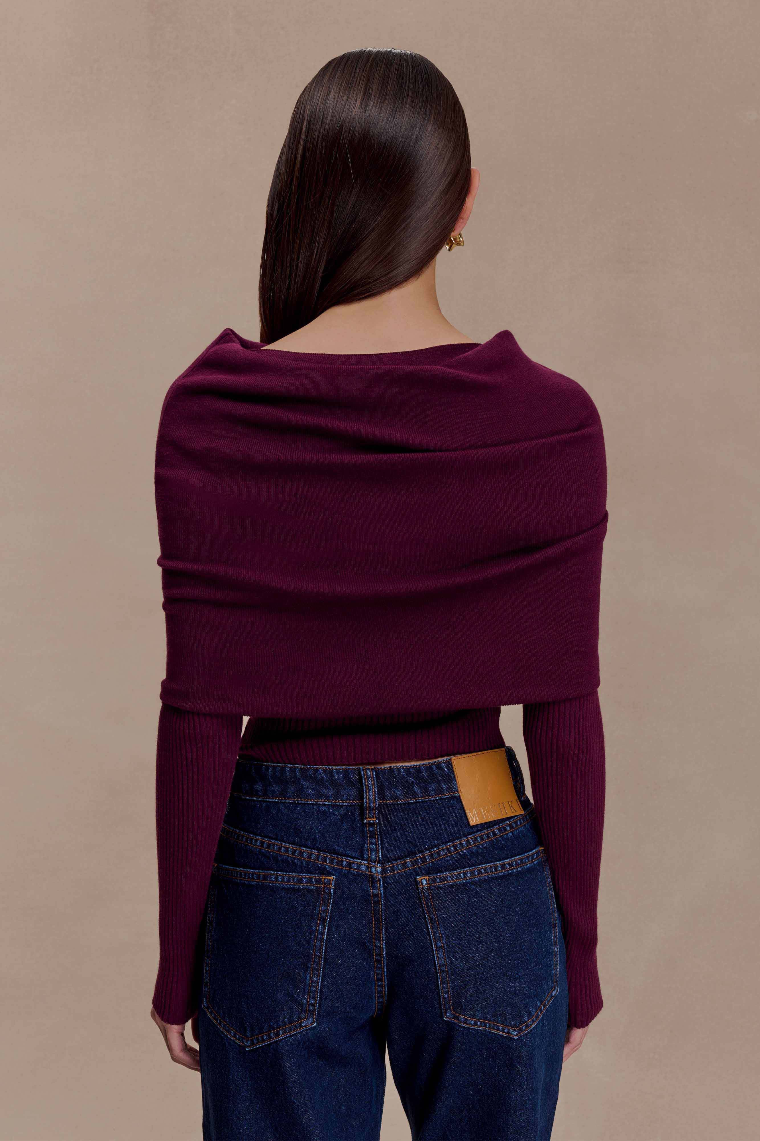 Kvinnor Långärmad Stickad Topp Asymmetrisk Off-Shoulder Vikkant Bordeaux