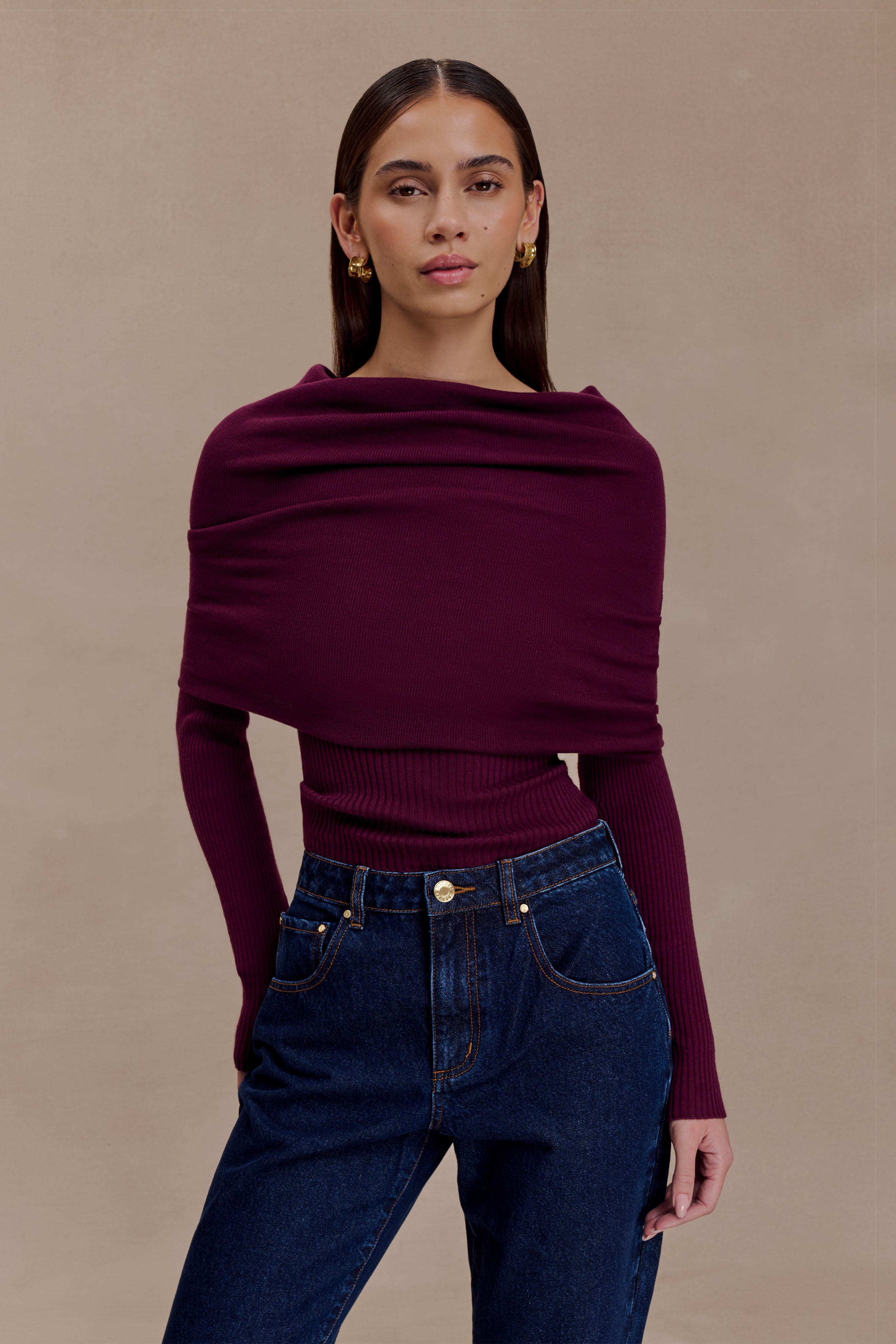 Kvinnor Långärmad Stickad Topp Asymmetrisk Off-Shoulder Vikkant Bordeaux