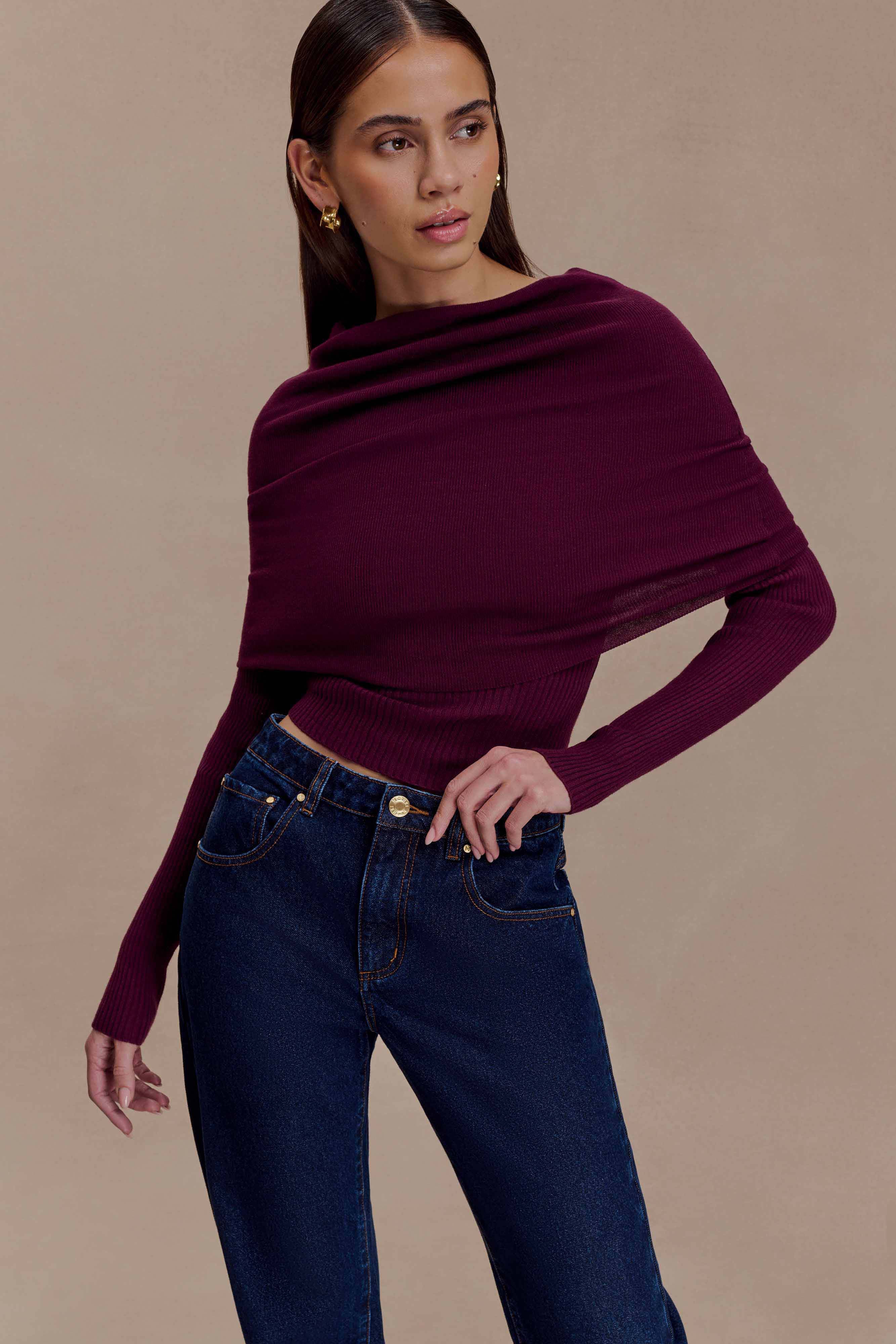 Kvinnor Långärmad Stickad Topp Asymmetrisk Off-Shoulder Vikkant Bordeaux