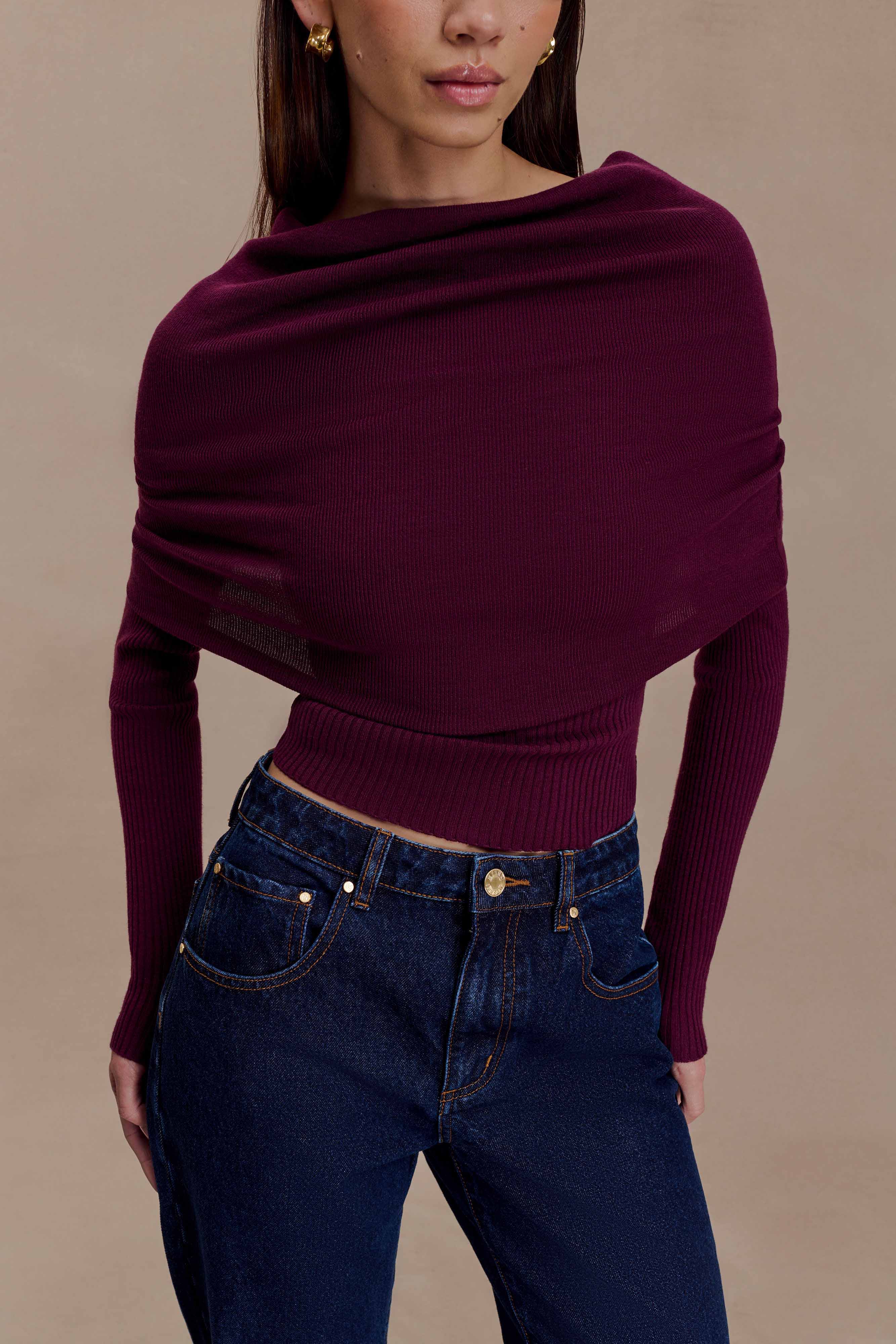 Kvinnor Långärmad Stickad Topp Asymmetrisk Off-Shoulder Vikkant Bordeaux