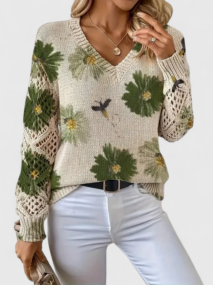Damhöstblus Med Blommönster Och V-Ringning