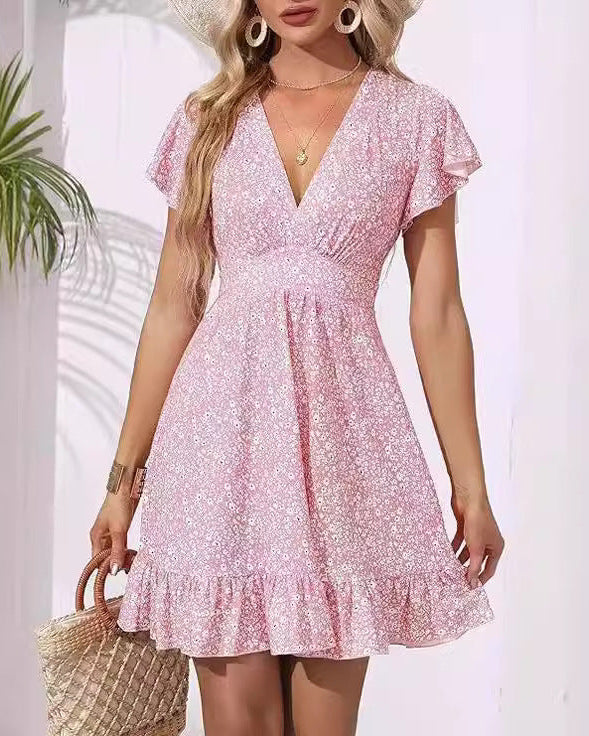 Sommarklänning Med Blommönster Och V-Ringning Och Volangärm För Kvinnor