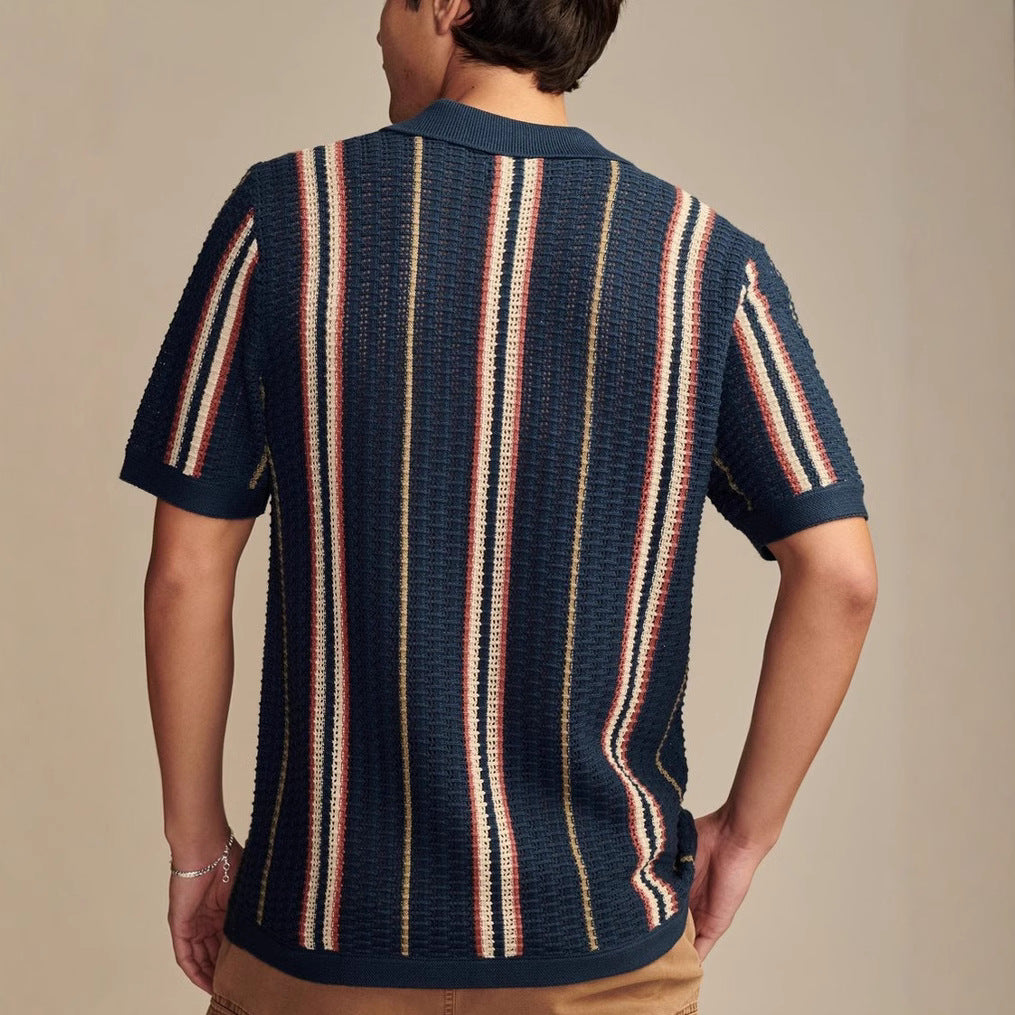 Herr Sommar Randig Ihålig Stickad Polo Kortärmad Kofta Brittisk Stil Topp