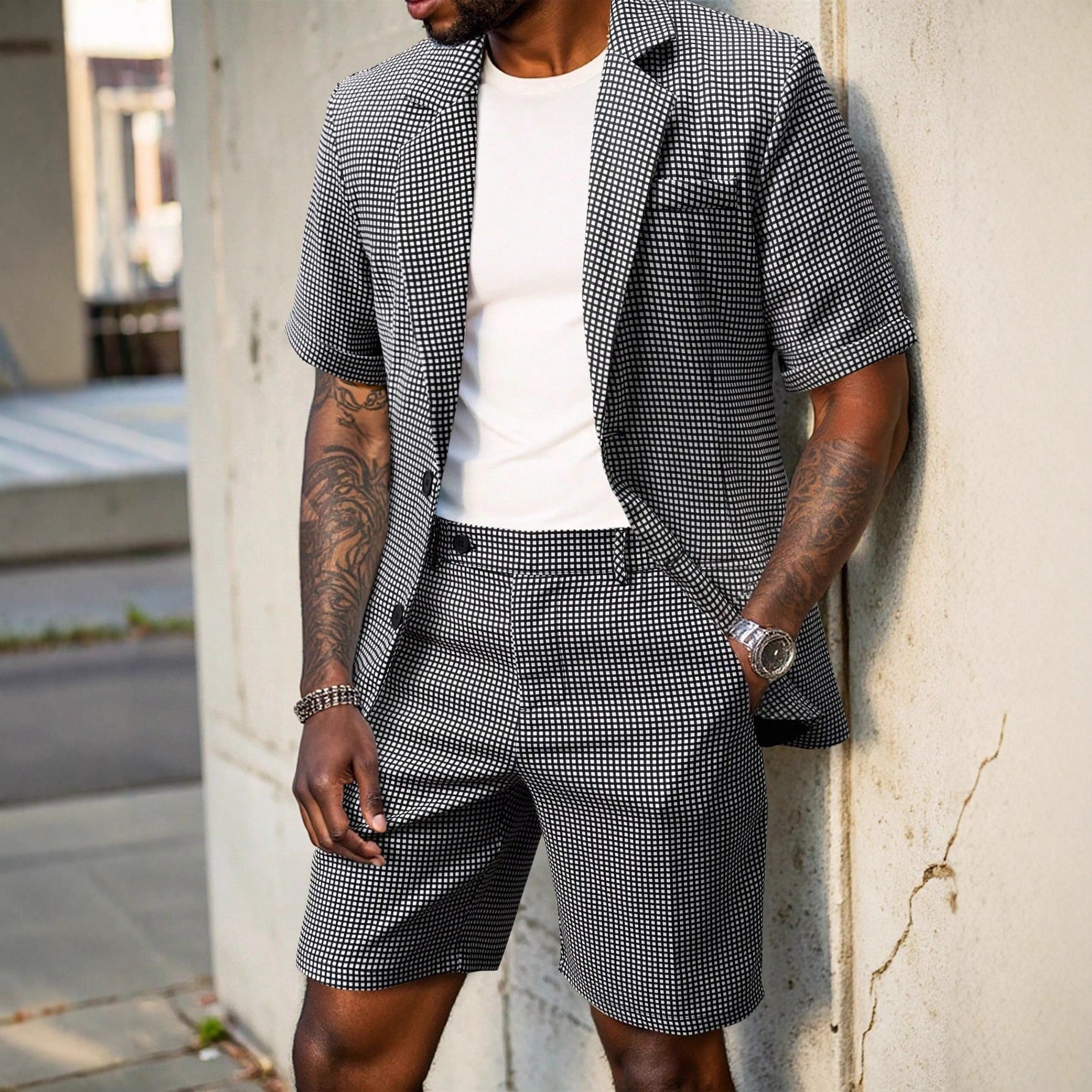 Herr Slim Fit Rutig Business Casual Kostym Set Svart Vävt Tyg Tvådelat Set