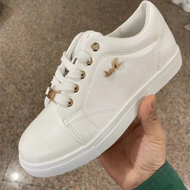 Platta Sneakers Med Snörning För Kvinnor, Andningsbara, Rund Tå, Låg Pu-Sula