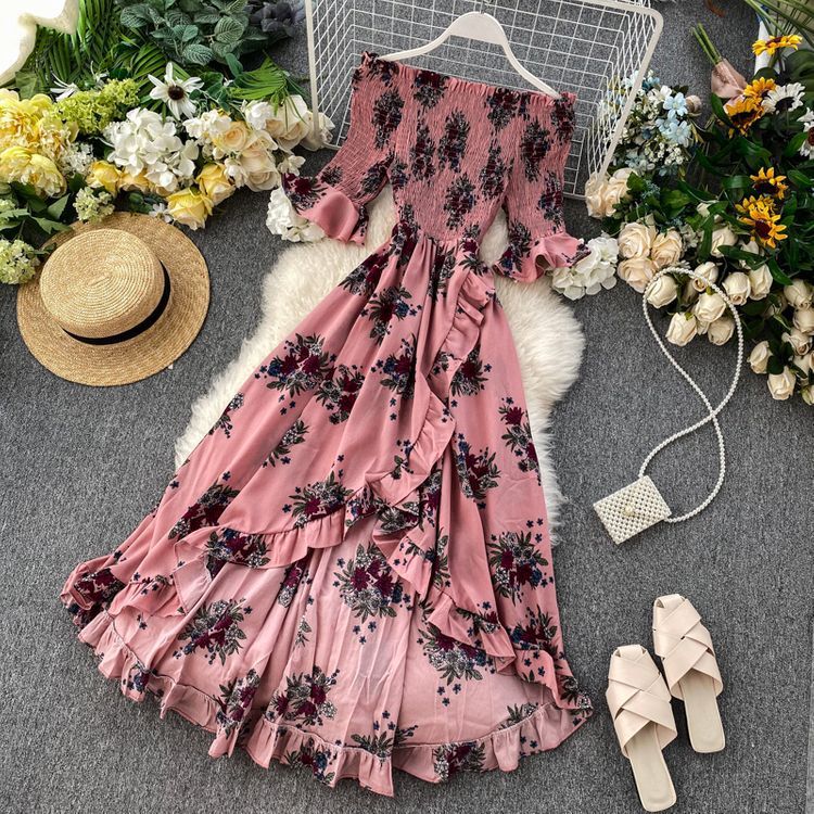 Kvinnors Sommarklänning Med Off-Shoulder-Motiv Och Kortärmad Volang