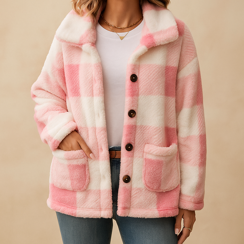 Kvinnors vinterjacka med rutigt mönster, tryckknappsstängning och bröstfickor