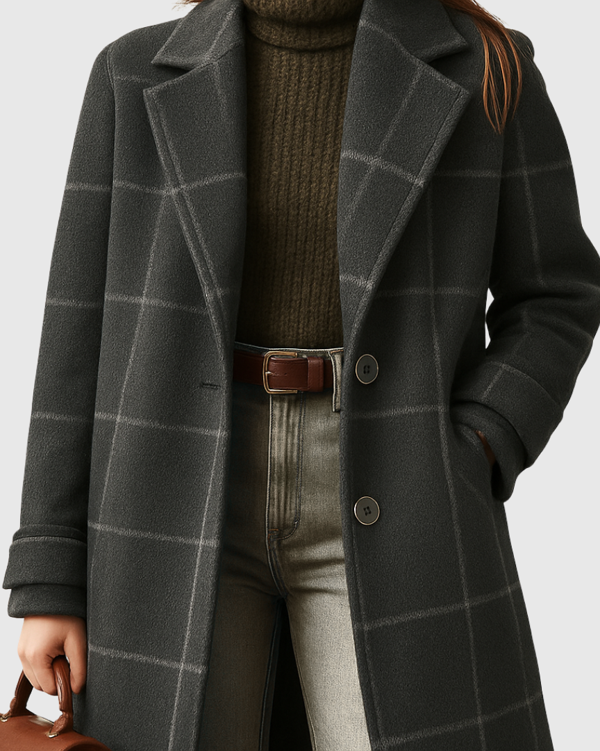 Dam Vinterkappa med Rutig Design, Skräddarsydd Midja och Hög Krage